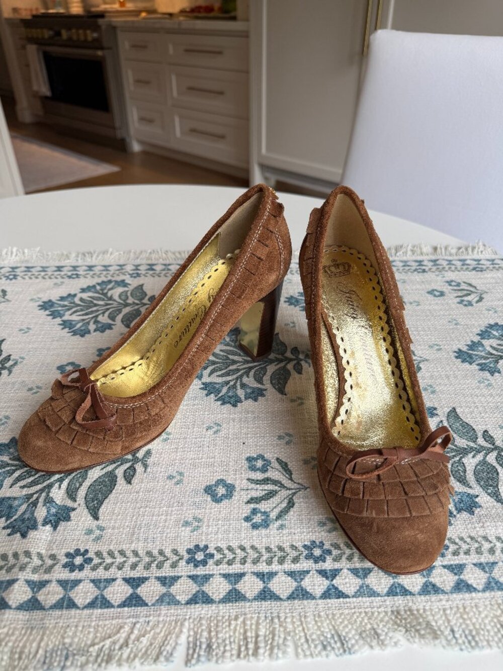Juicy Couture Brown Suede Pumps | Fringe with Bow Detail | Women Size 9